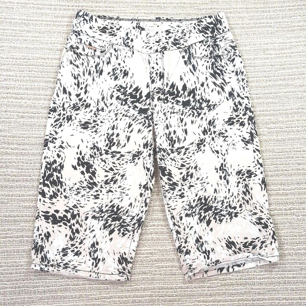 NINE WEST WOMENS HEIDI PULL ON SKIMMER BERMUDA SHORTS BLACK TAN ABSTRACT PRINT L